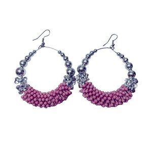 Oval Beaded Pink & Silver Earrings